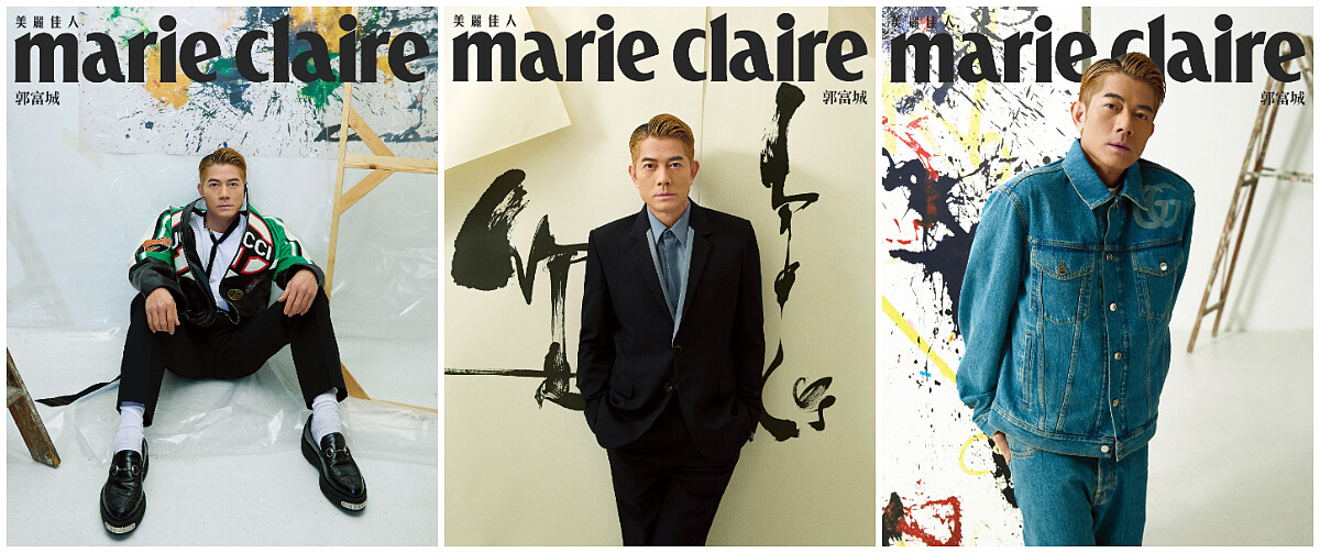  （左）綠黑撞色夾克、白色棉質 T-Shirt、黑色窄版正裝褲、黑色領巾，all by Gucci。 （中）黑色羊毛單排扣西裝夾克、褪色牛仔彈性淺色羊毛正裝襯衫、正裝長褲，all by Gucci。（右）藍色水洗棉質牛仔夾克、藍色水洗棉質牛仔褲，both by Gucci。