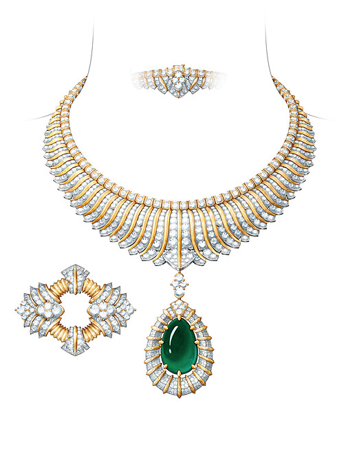 Palmeraie merveilleuse 項鍊及胸針,連可拆式吊墜 黃K金、白K金、一顆47.93克拉凸圓形切割祖母綠、鑽石