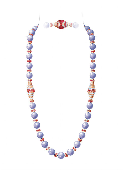 Lanternes Mystérieuses 可轉換式長項鍊 玫瑰金、Traditional Mystery Set傳統隱密式鑲嵌拱頂紅寶石、 共重930.21克拉的31顆薰衣草紫色翡翠玉珠、 紅寶石、藍寶石、鑽石