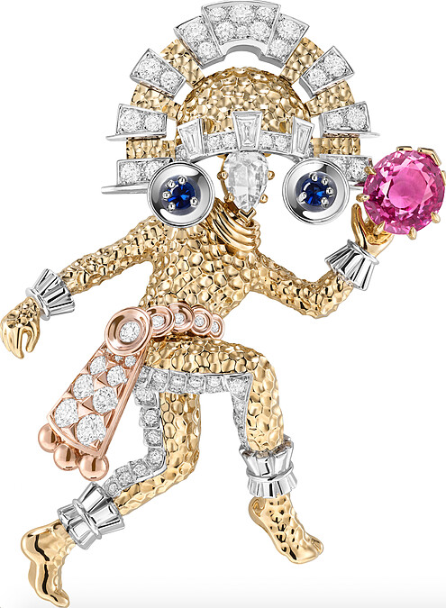 Danseur de Tikal胸針 黃K金、玫瑰金、白K金、 一顆3.10克拉橢圓形粉紅色藍寶石、藍色藍寶石、鑽石
