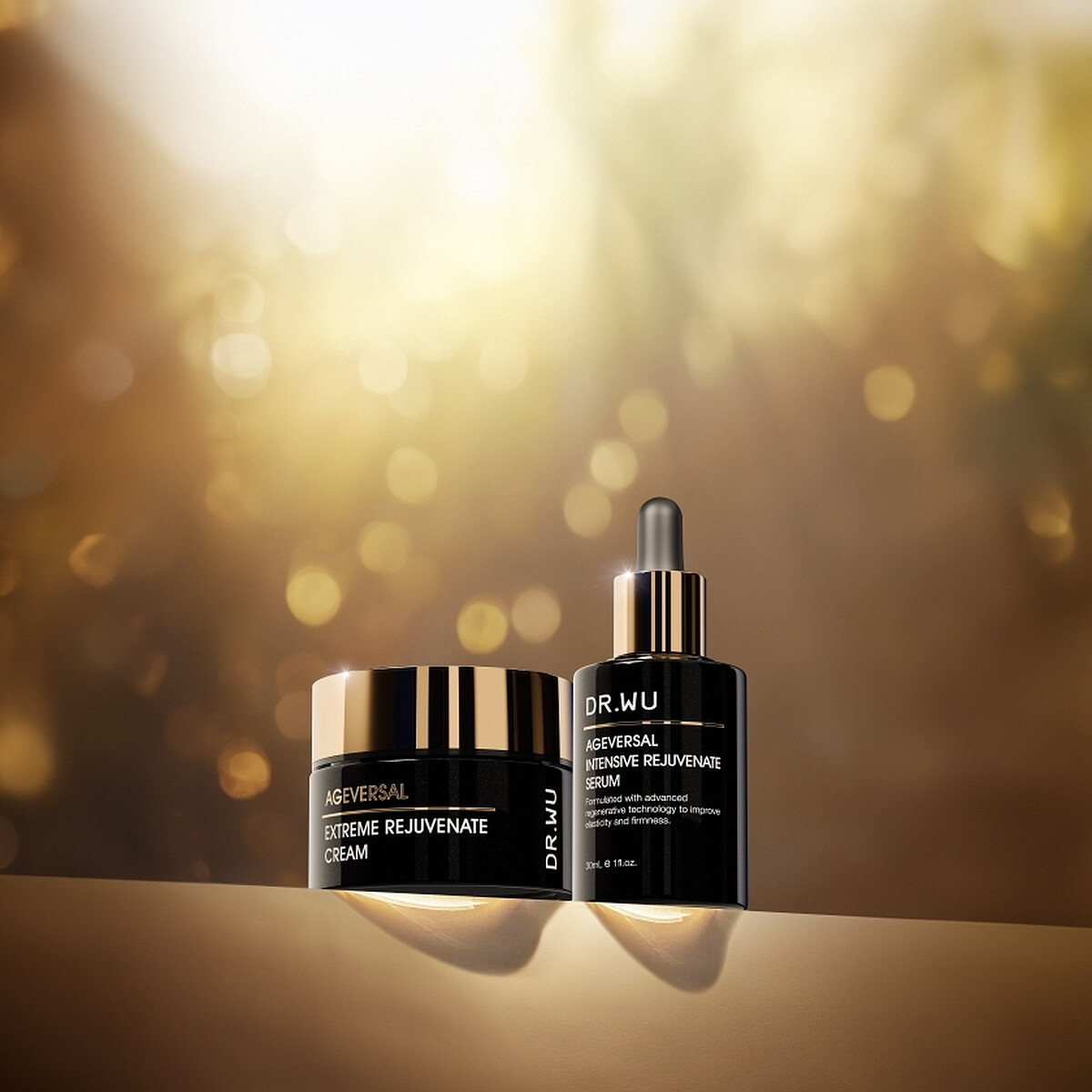DR.WU超逆齡肌因再生系列中的高效能再生精華，全面直擊老化問題。逆齡再生精華霜則從根源澎潤臉部輪廓。