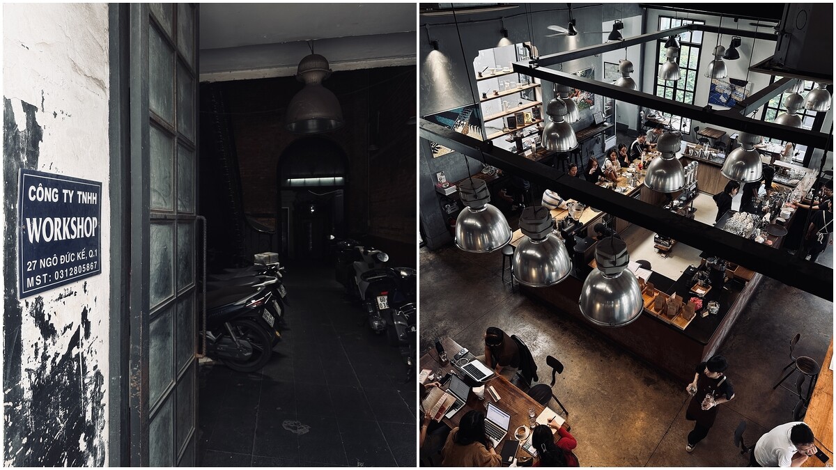一樓入口超級不起眼，只有在牆上的鐵牌標著Workshop的Logo。／小閣樓的位置能清楚見到整間店的配置，充滿濃濃紐約風。