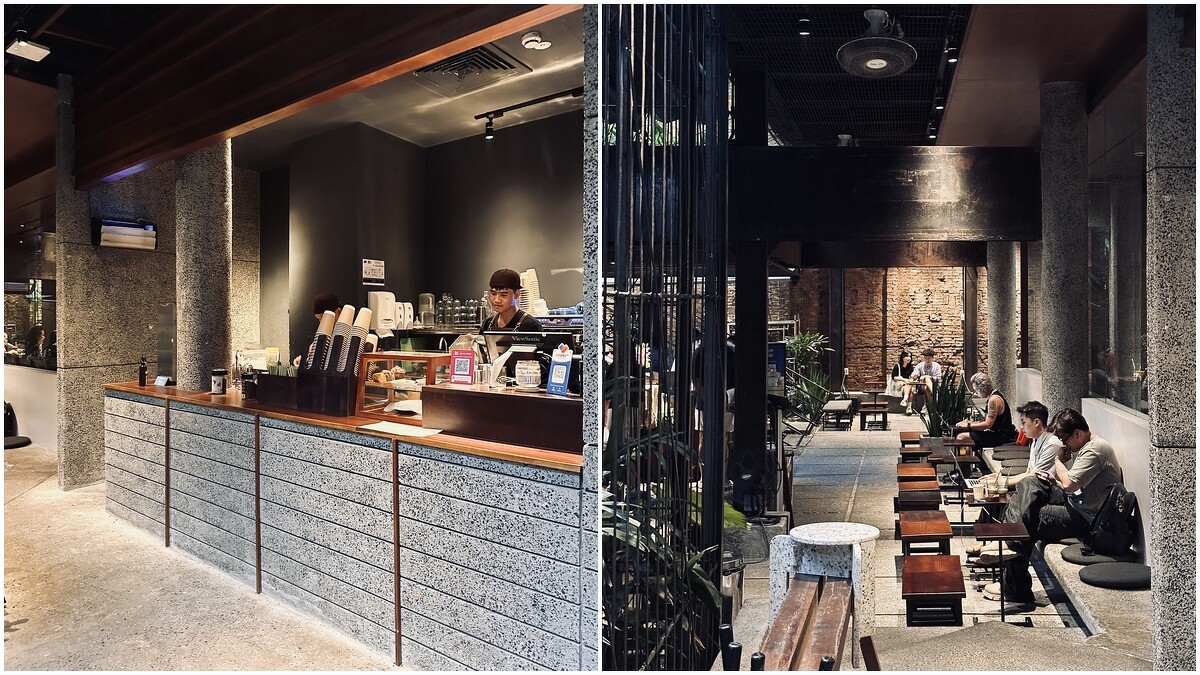 洗石子風格與木質調的混合，打造出日式風格的情調。／雖是全戶外的座位，但愜意的氛圍還是吸引許多人帶著電腦來工作。