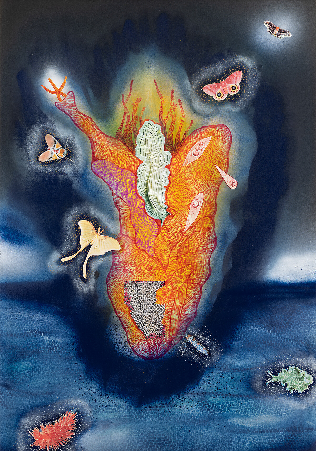 草間彌生,《夜晚的花瓣》,1995,115 × 72 cm,拼貼、水彩、粉彩、紙©草間彌生