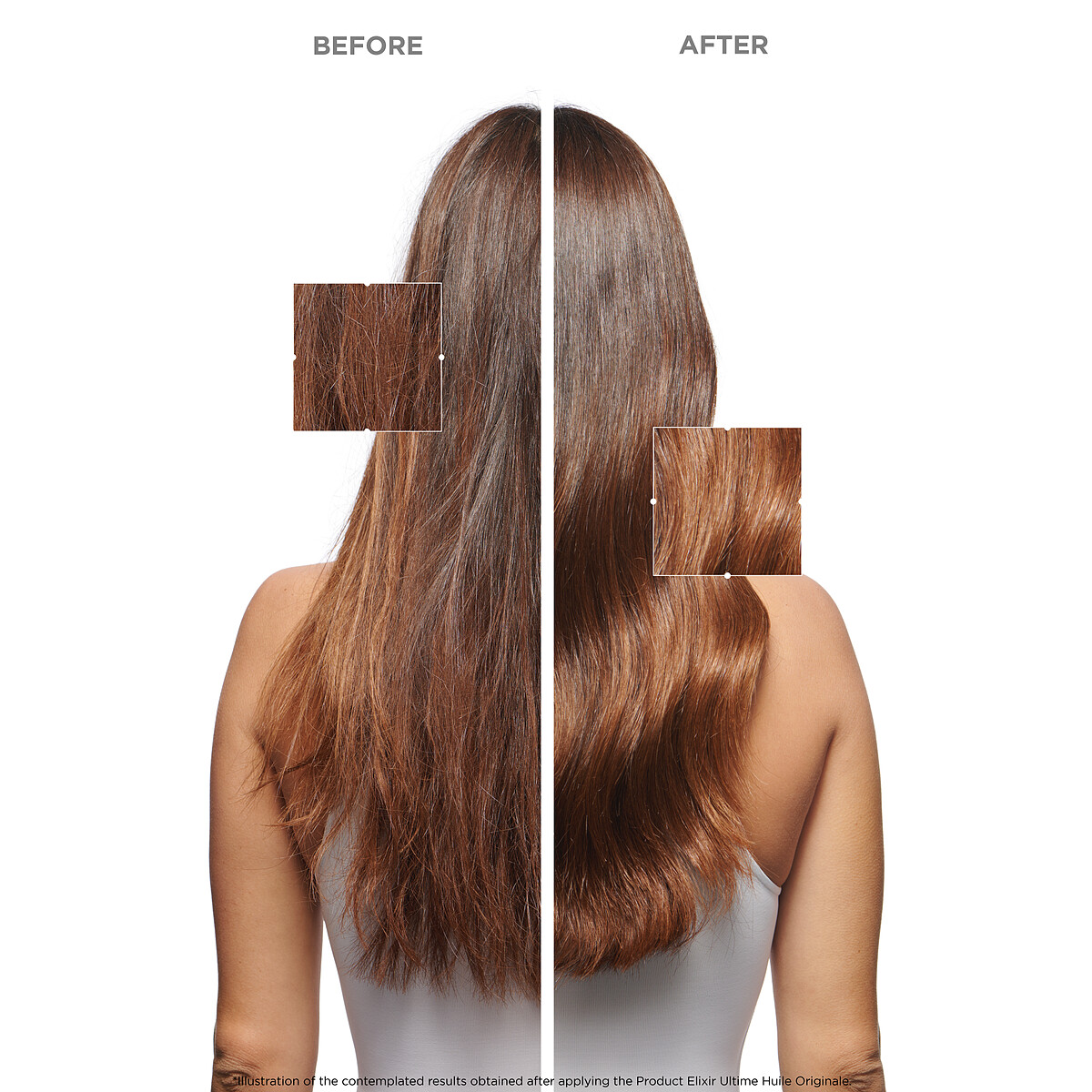 KERASTASE巴黎卡詩金緻柔馭山茶花鎏光露使用前、後的頭髮對比圖。