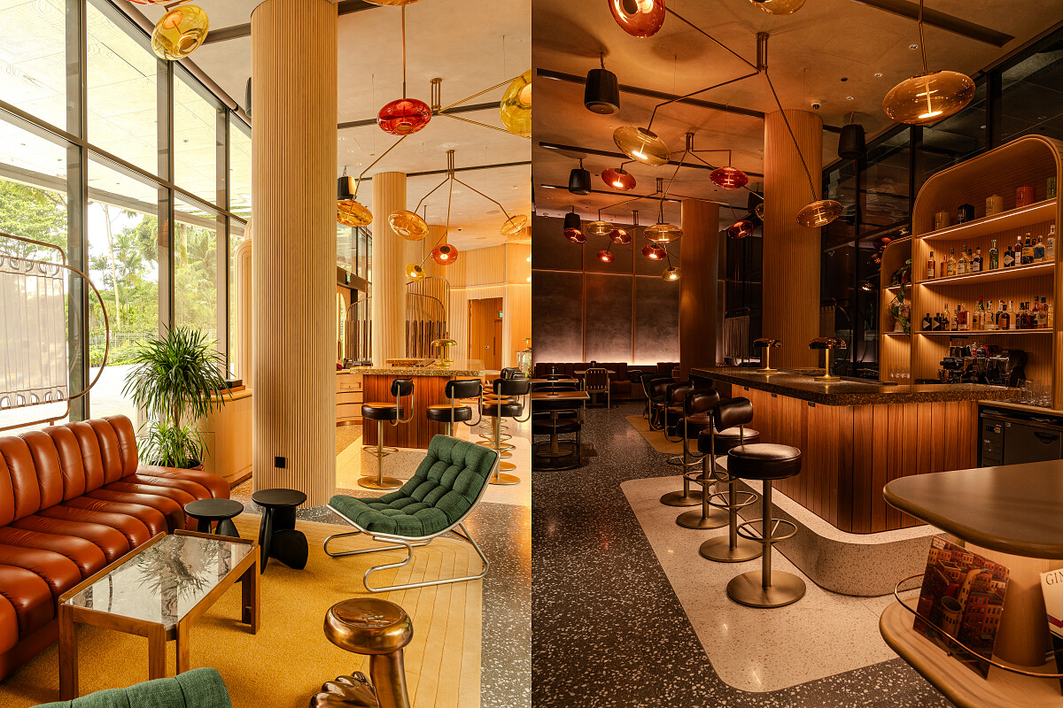 木桌椅、皮沙發以及醒目、色彩繽紛的吊燈。