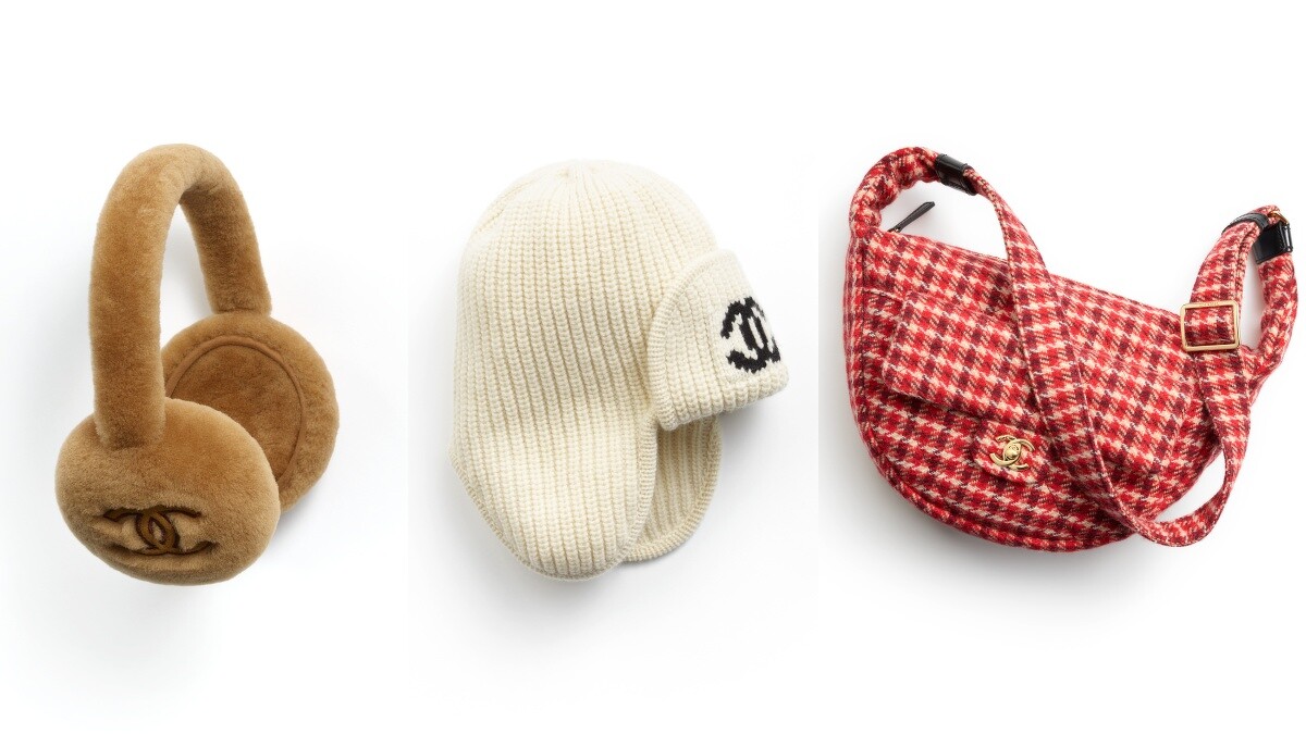 棕色雙C LOGO耳罩 NT35,800、白色雙C LOGO毛帽 NT28,200、紅色千鳥格紋肩背包 NT166,500