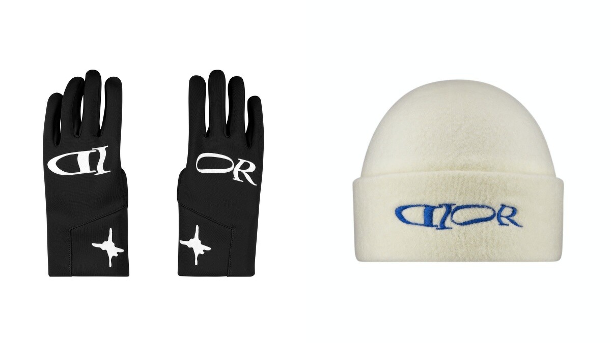 DIOR AND LEWIS HAMILTON黑色科技纖維滑雪手套 NT15,500、DIOR AND LEWIS HAMILTON白色混紡羊毛搭配藍色刺繡DIOR標誌毛帽 NT25,000