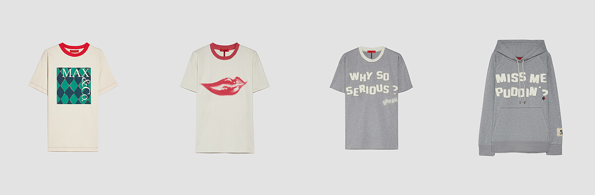 MAD LOVE方型LOGO T-shirt、小丑壞笑短袖T-shirt、小丑語錄短袖T-shirt，各NT 7,000、寬版連帽衛衣(月光灰-想我嗎寶貝)，NT 14,100。 