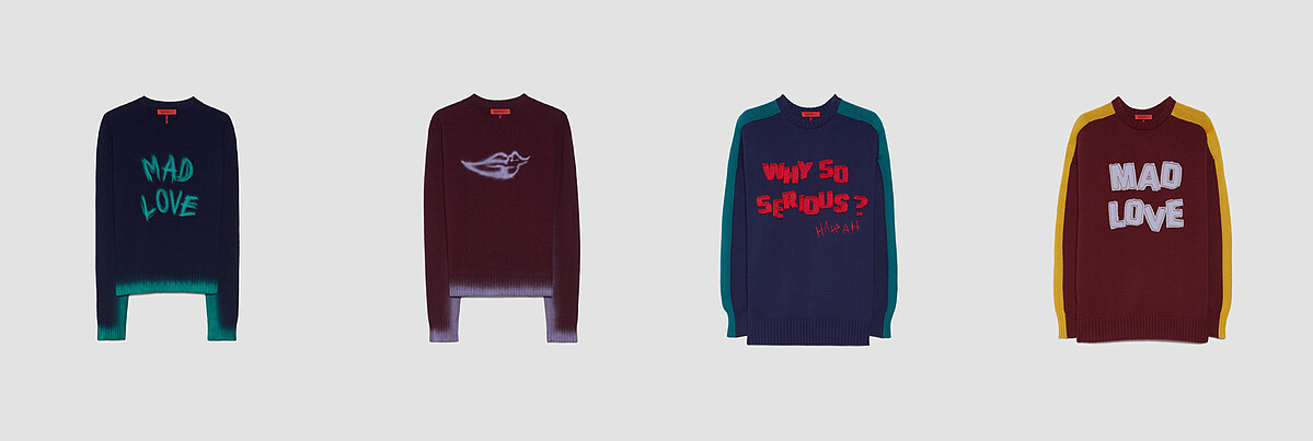 羊毛圓領針織衫(午夜藍-瘋狂的愛)、羊毛圓領針織衫(勃根地酒紅-小丑壞笑)，各NT16,800。寬版貼布繡棉線衫(午夜藍-幹嘛那麼認真)、寬版貼布繡棉線衫(勃根地酒紅-瘋狂的愛)，各NT 16,800。 