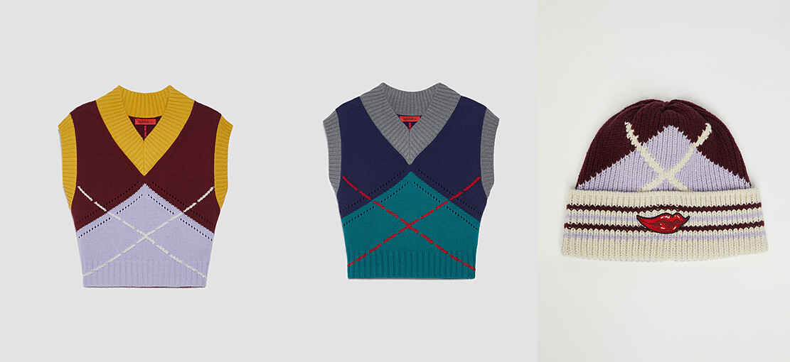 菱格紋鏤花蕾絲針織背心(勃根地酒紅)、菱格紋鏤花蕾絲針織背心(祖母石綠)，各NT10,500、菱格紋針織帽，NT 4,500。