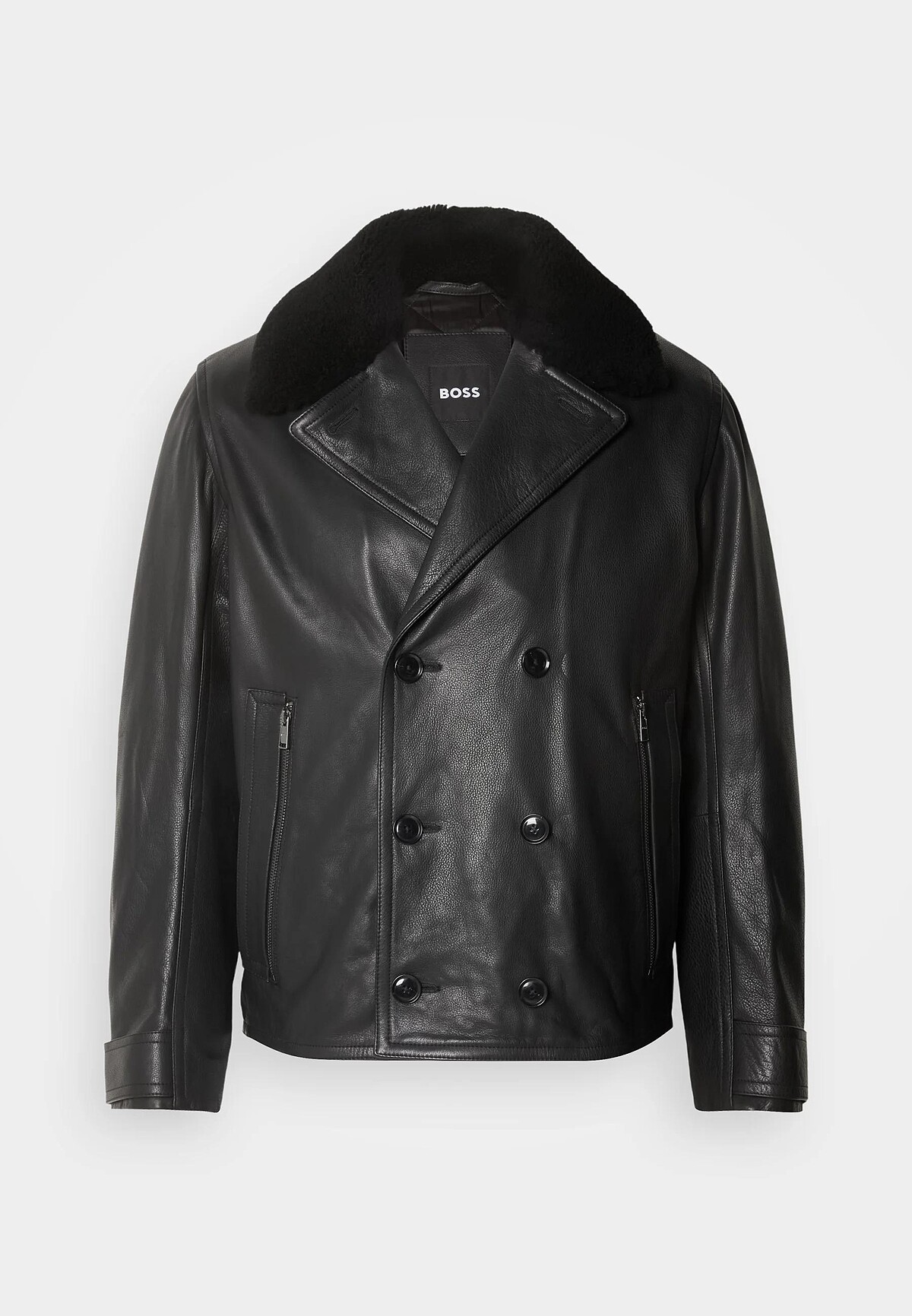 BOSS黑色羊毛翻領騎士皮外套_NT$39,400
