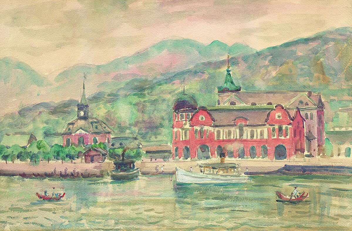 倪蔣懷，《基隆驛頭》，1926，水彩、紙，35 &times; 52 公分。臺北市立美術館典藏。