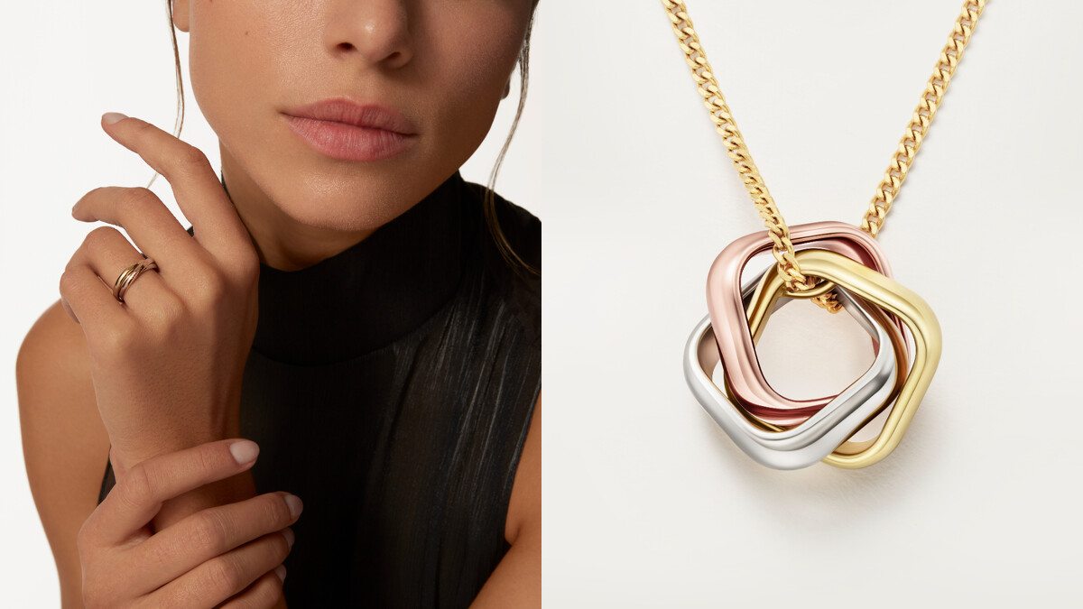 Trinity三環戒指小型款（左）、Trinity三環項鍊枕形款。