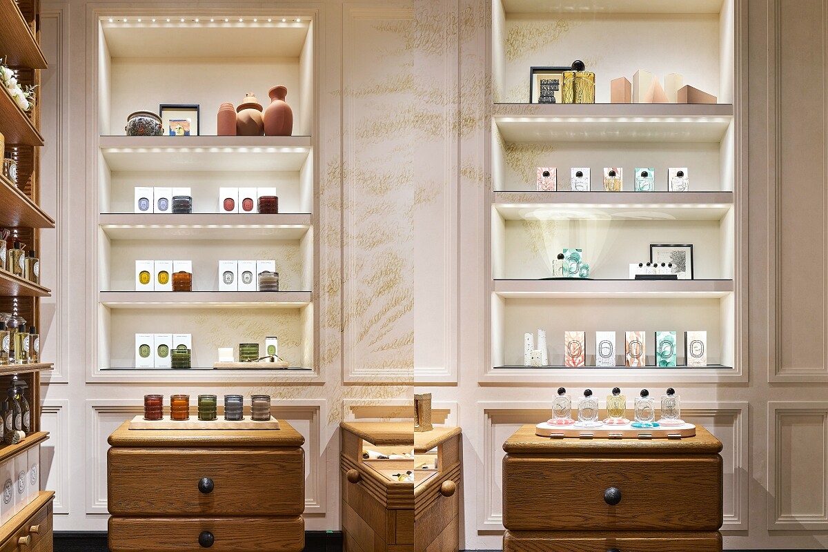 Diptyque台北101形象旗艦店後方左右各陳列著大千之境系列與Les Essences de Diptyque系列。