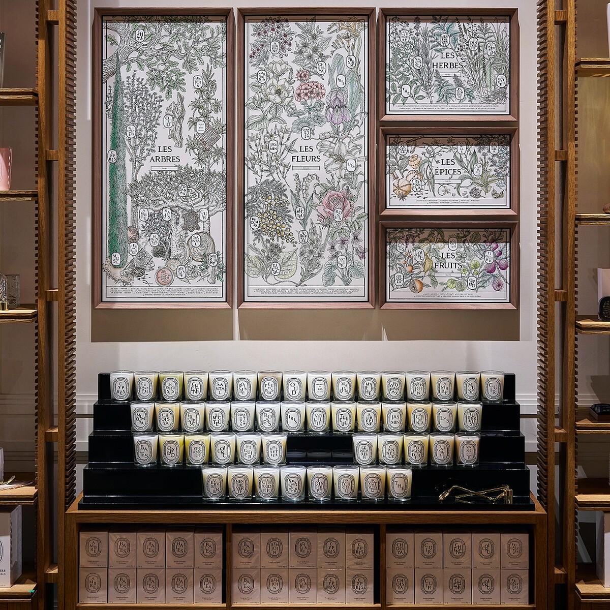Diptyque台北101形象旗艦店主廳展示的植物圖集與香氛蠟燭系列。
