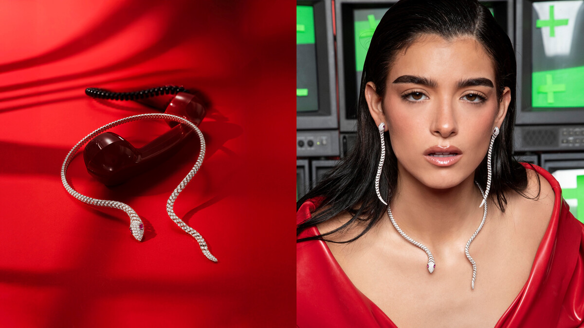 左 : 密鑲Kaa纏繞式項圈,右:全球品牌代言人美國歌手Dixie D'Amelio