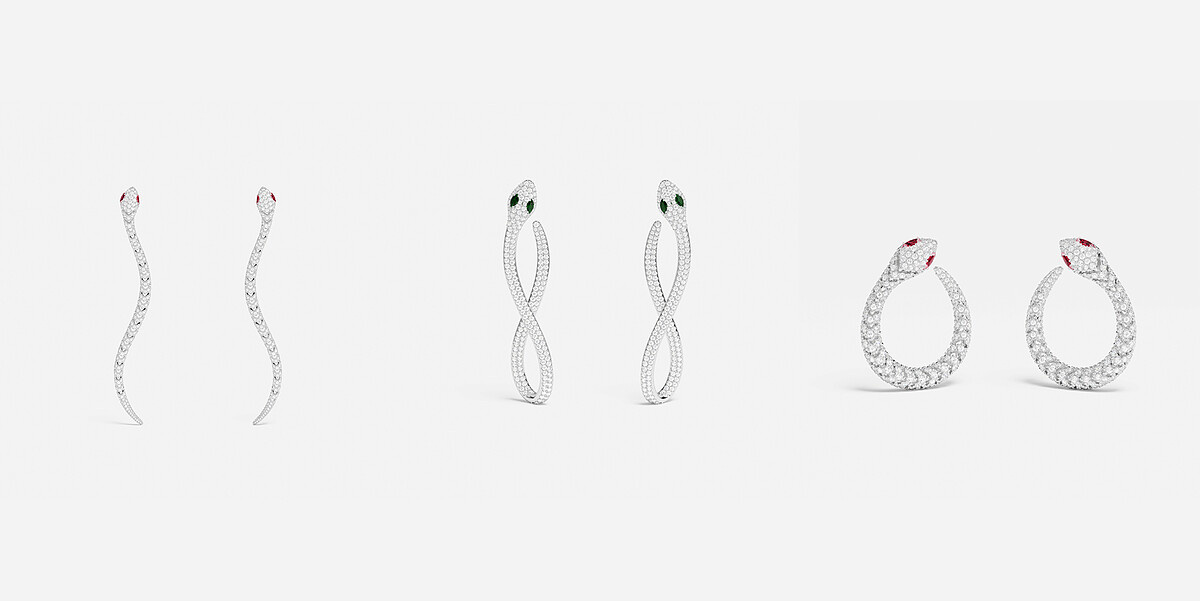 左 : 密鑲Kaa垂墜耳環NT 10,500 ;中 : 密鑲Kaa耳環NT6,600 ;右 : 密鑲Kaa耳環NT8,800