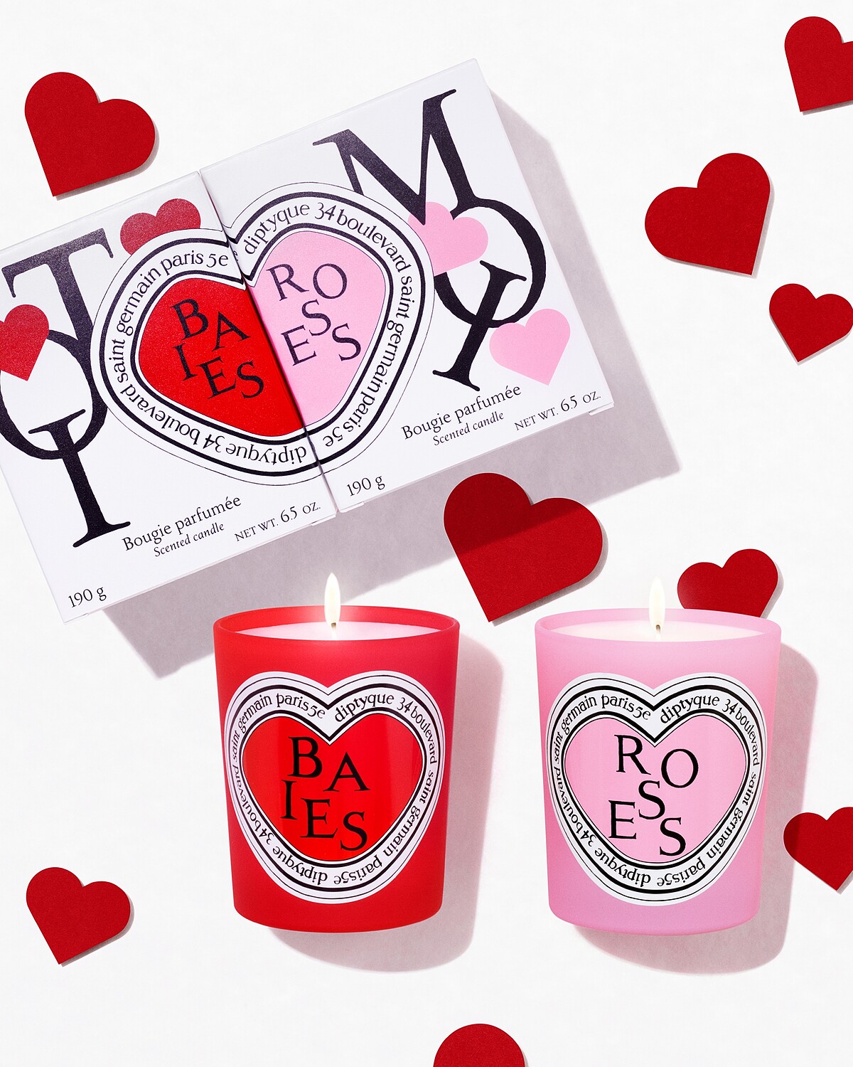 Diptyque 2025情人節限量香氛蠟燭二重奏禮盒情境圖。