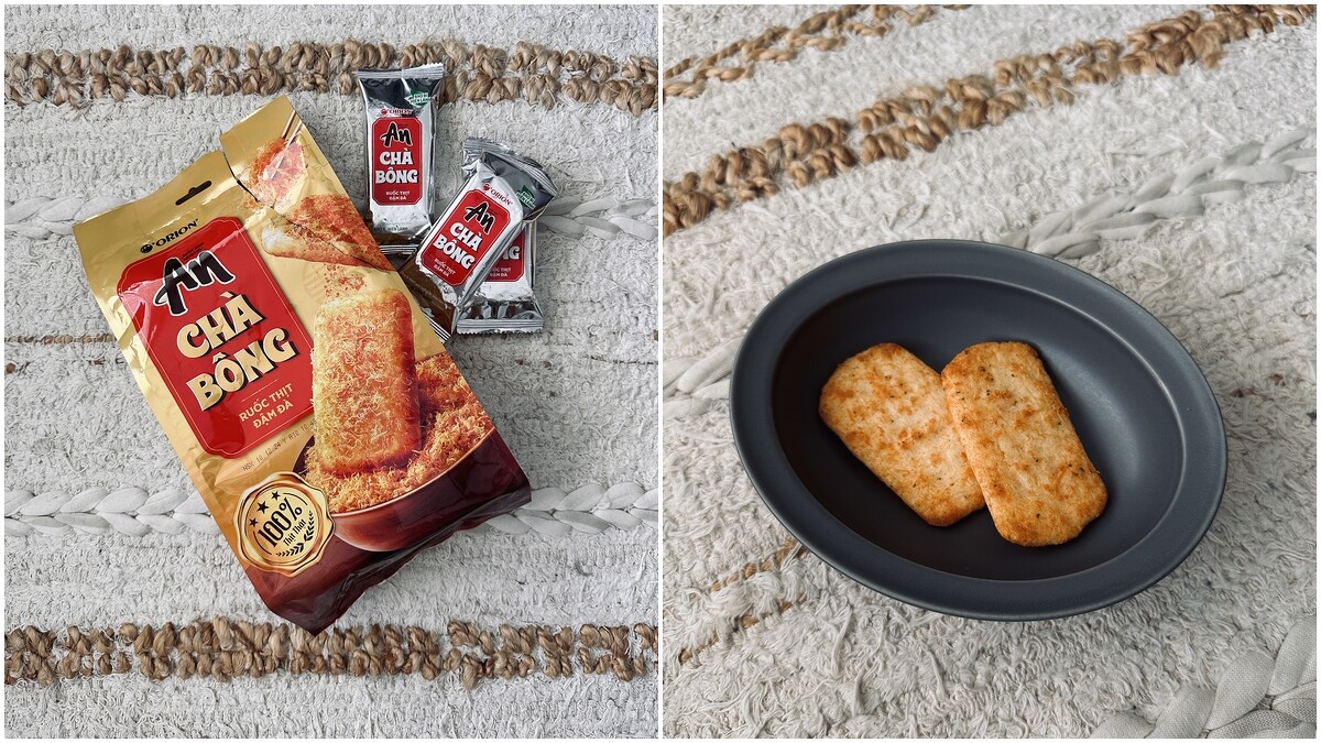 An Cha Bong的肉鬆仙貝滿大一包，我算了一下裡面總共有14包。／雖然包裝很澎湃，但仙貝上的肉鬆不多，不過不減美味。