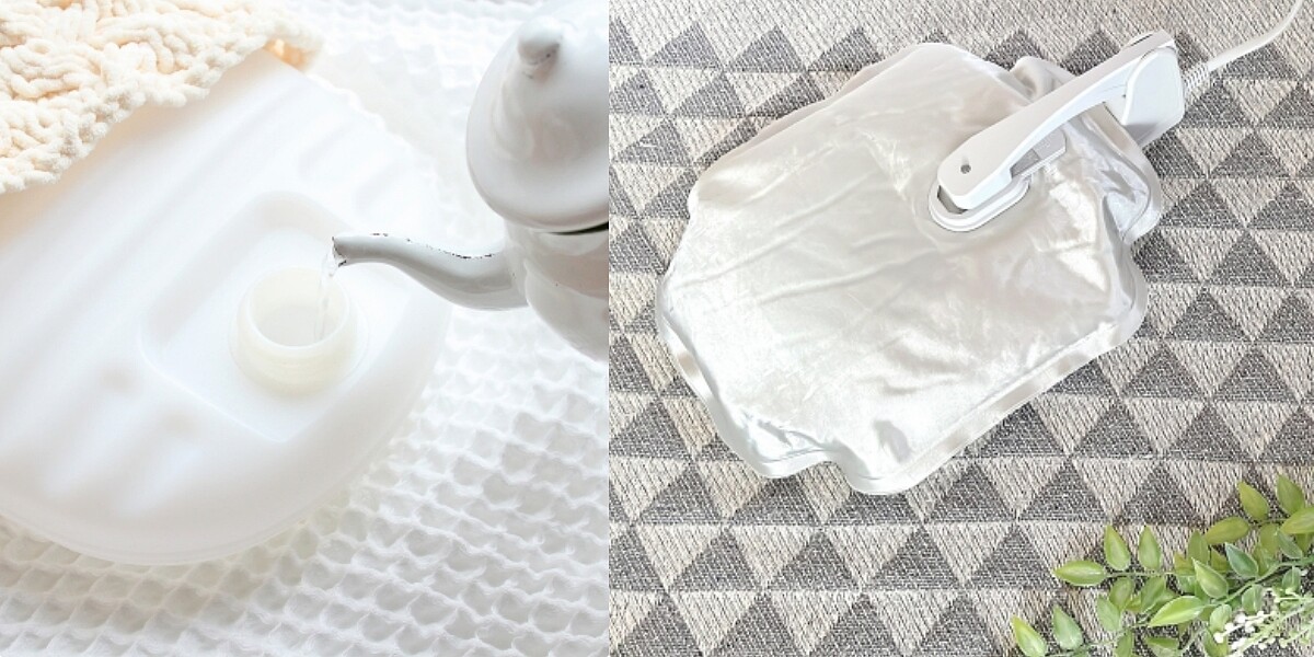 (左)矽膠熱水袋、(右)不需要加熱水的充電式熱水袋