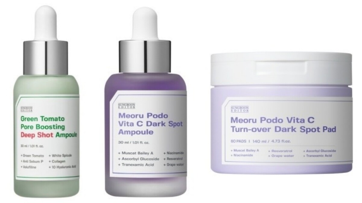 SUNGBOON EDITOR綠蕃茄深層微晶緊緻安瓶30ml，NT1,598、山葡萄維他命C亮白精華30ml，NT1,398、山葡萄維他命C亮白棉60片，NT1,398
