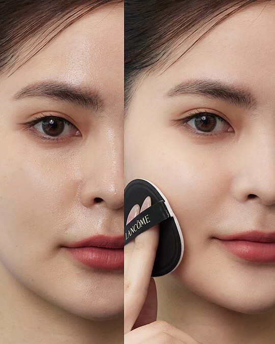 蘭蔻零粉感超持久柔焦蜜粉餅的控油柔焦效果，左圖為使用前、右為使用後。