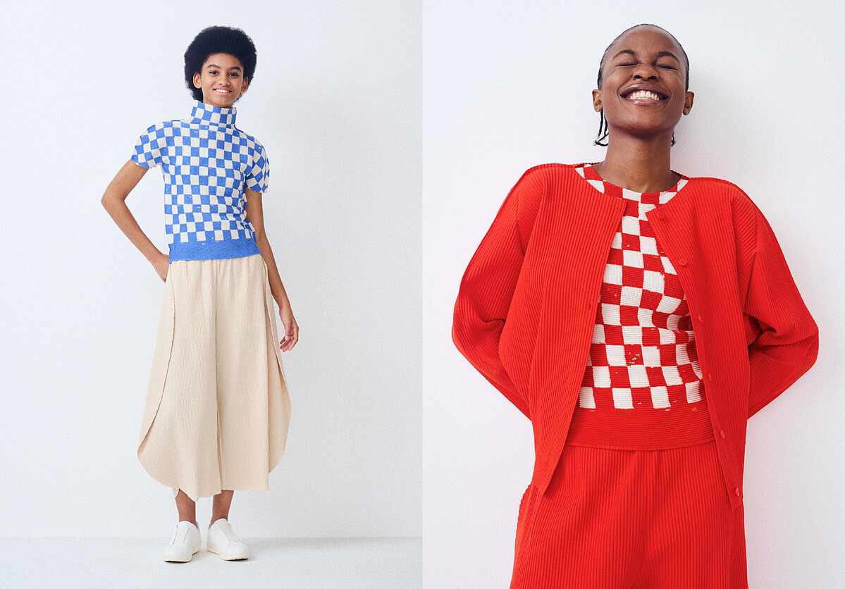 (左)CHECKER高領短袖上衣、DOT PLEATS造型褲；(右)CHECKER圓領短袖上衣、DOT PLEATS翻領開釦开衫。