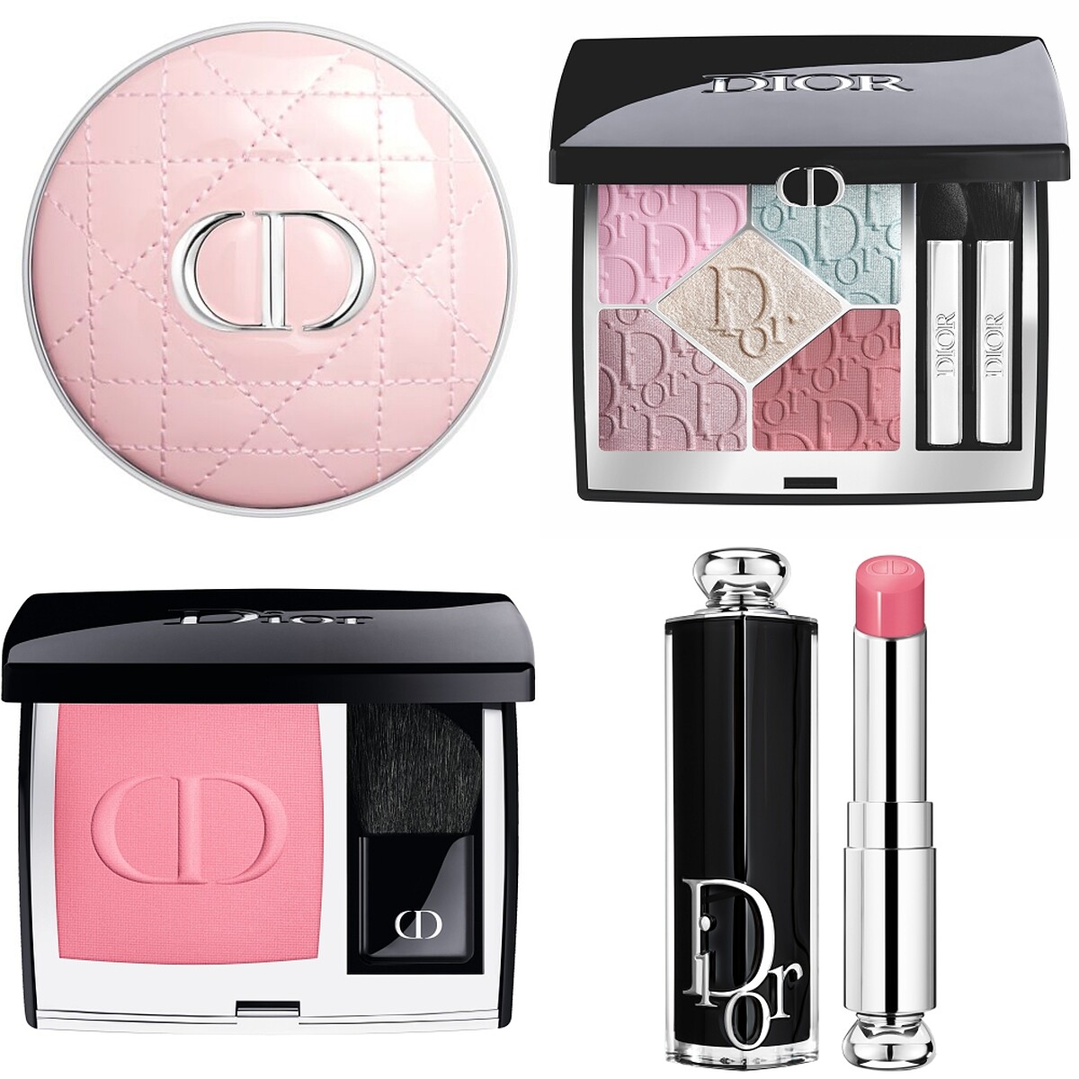 Dior迪奧超完美氣墊外殼-粉色藤格紋、經典五色眼影(#812),NT2,700、超完美亮妍腮紅(#475),NT1,900、癮誘唇膏(#373),NT1,400