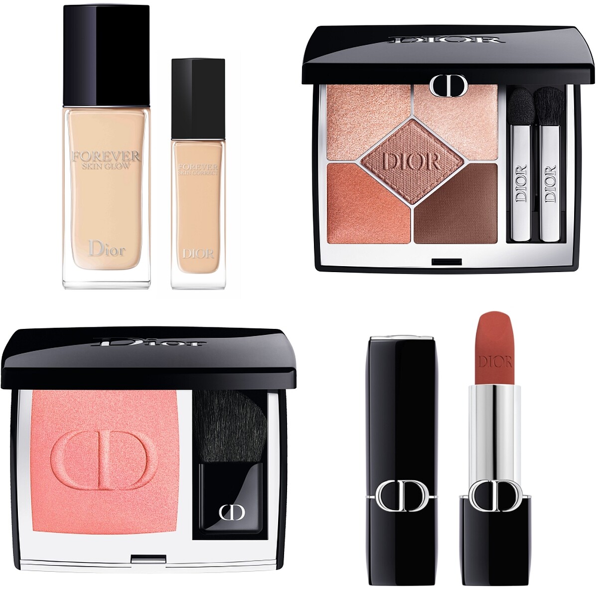 Dior迪奧超完美持久柔光粉底液(#1N),NT2,550、超完美持久遮瑕乳(#1N),NT1,650、經典五色眼影(#429),NT2,700、超完美亮妍腮紅(#343),NT1,900、藍星柔紗唇膏(#626),NT1,550