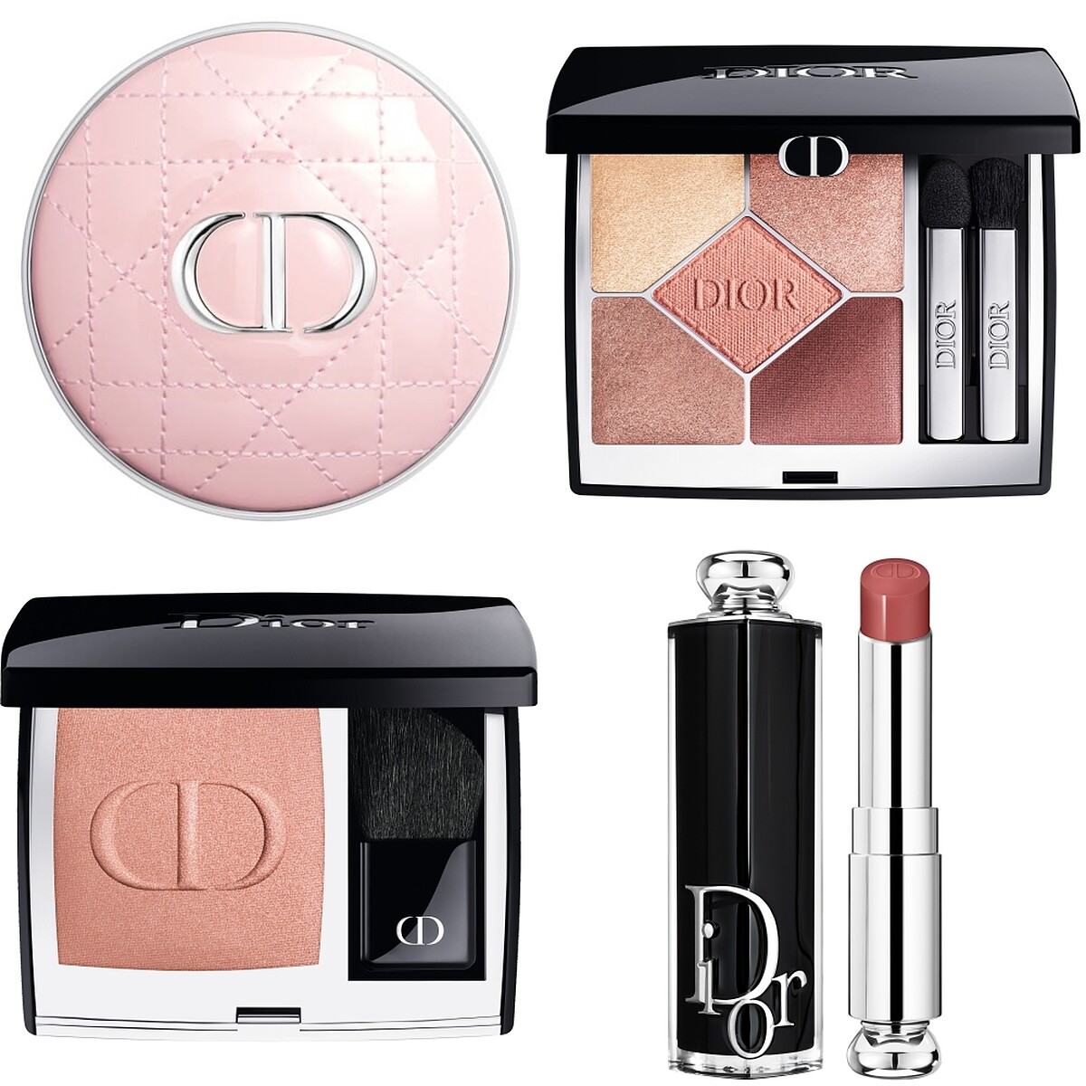 Dior迪奧超完美氣墊外殼-粉色藤格紋、經典五色眼影(#743),NT2,700、超完美亮妍腮紅(#449),NT1,900、癮誘唇膏(#558),NT1,550