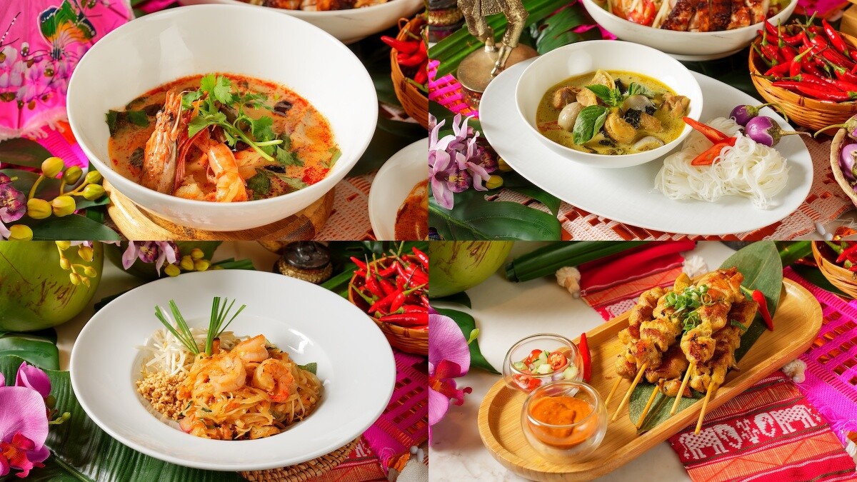 酸辣蝦湯、綠咖喱雞、泰式炒蝦河粉、泰式沙嗲雞肉串