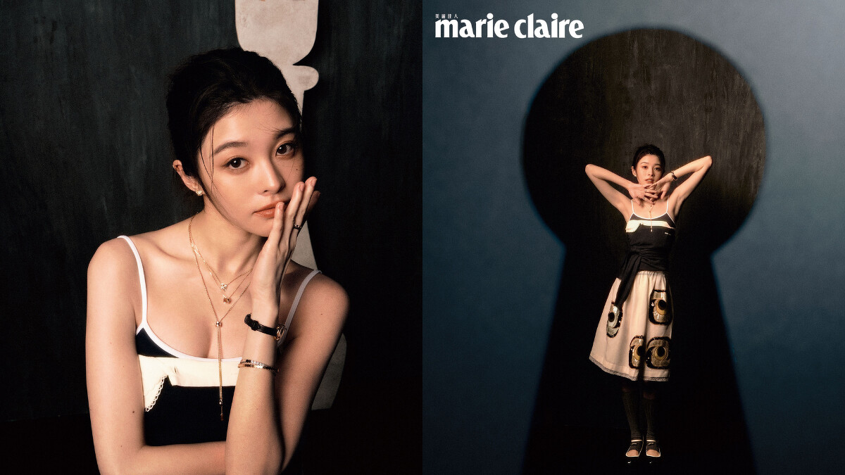 針織泳裝、羊毛船領毛衣、蕾絲邊半截裙、白色背心、灰色針織襪套、褶皺樂福鞋，all by Miu Miu；Bee de Chaumet 18K玫瑰金、白金手環、Hortensia 18K玫瑰金腕錶、Bee de Chaumet 18K黃金耳環、Bee de Chaumet 18K黃金、玫瑰金項鏈、Bee de Chaumet 18K玫瑰金、白金戒指，all by Chaumet。