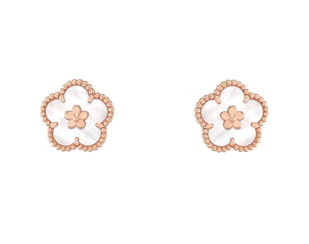 Lucky Spring 梅花耳環，玫瑰金、白色珍珠貝母。