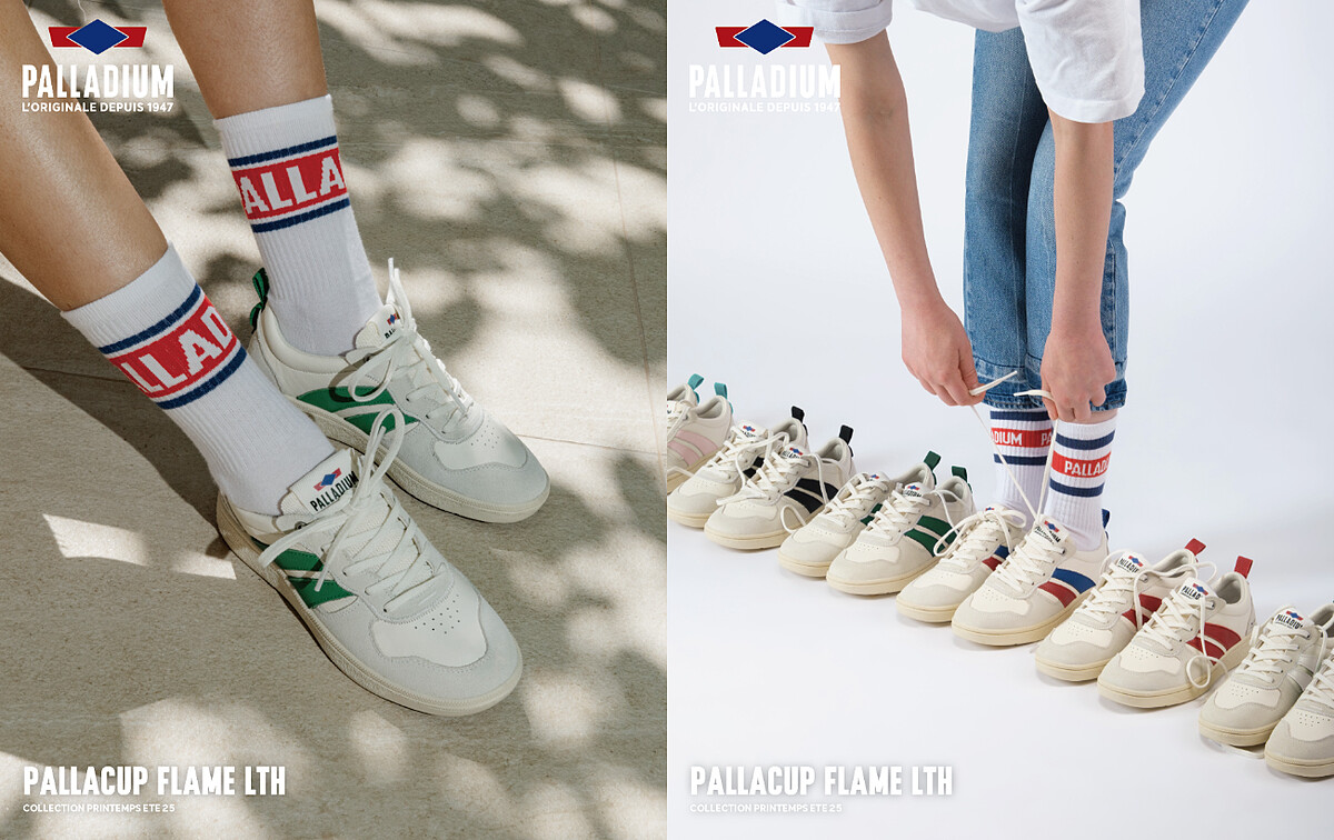 本次系列使用RETRO SPORT復古原創鞋舌上具有PALLADIUM原創鑽石標誌(左)與RETRO FLAME經典彎刀火焰圖案(右) 完整重現了屬於PALLADIUM的法式經典復古運動風