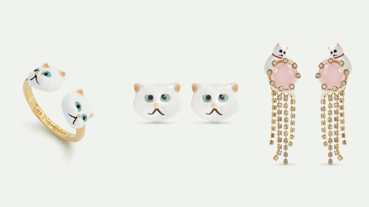 小白貓戒指 NT5,800、小白貓耳環 NT4,400、小白貓與粉色石英耳環 NT13,400