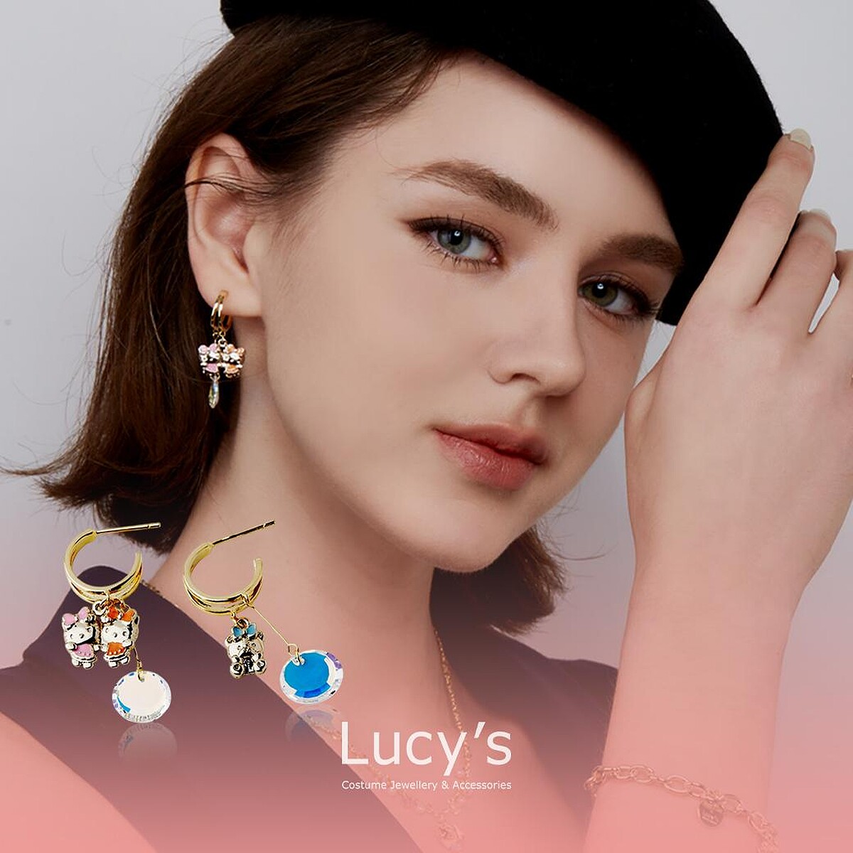 Lucy's x Hello Kitty 限量聯名 50週年Our Birthday 耳環 (金)。