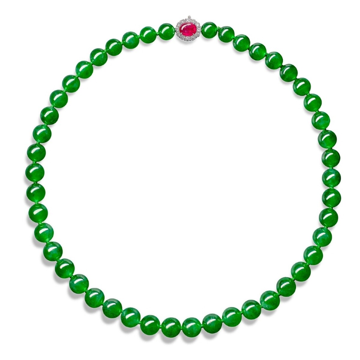 天然翡翠珠配鑽石及紅寶石項鏈｜估價：20,000,000 - 35,000,000 港元