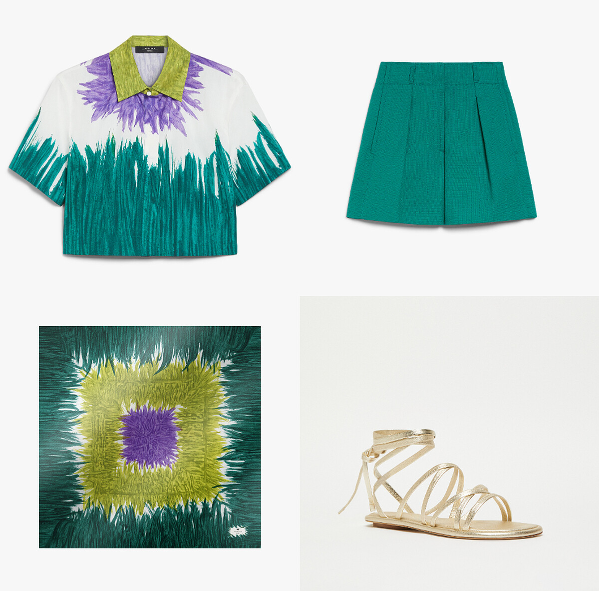 地中海風情印花襯衫 $11,900、打摺棉質短褲 $12,600、地中海風情印花絲巾 $5,700、金色繫帶涼鞋 價格未定