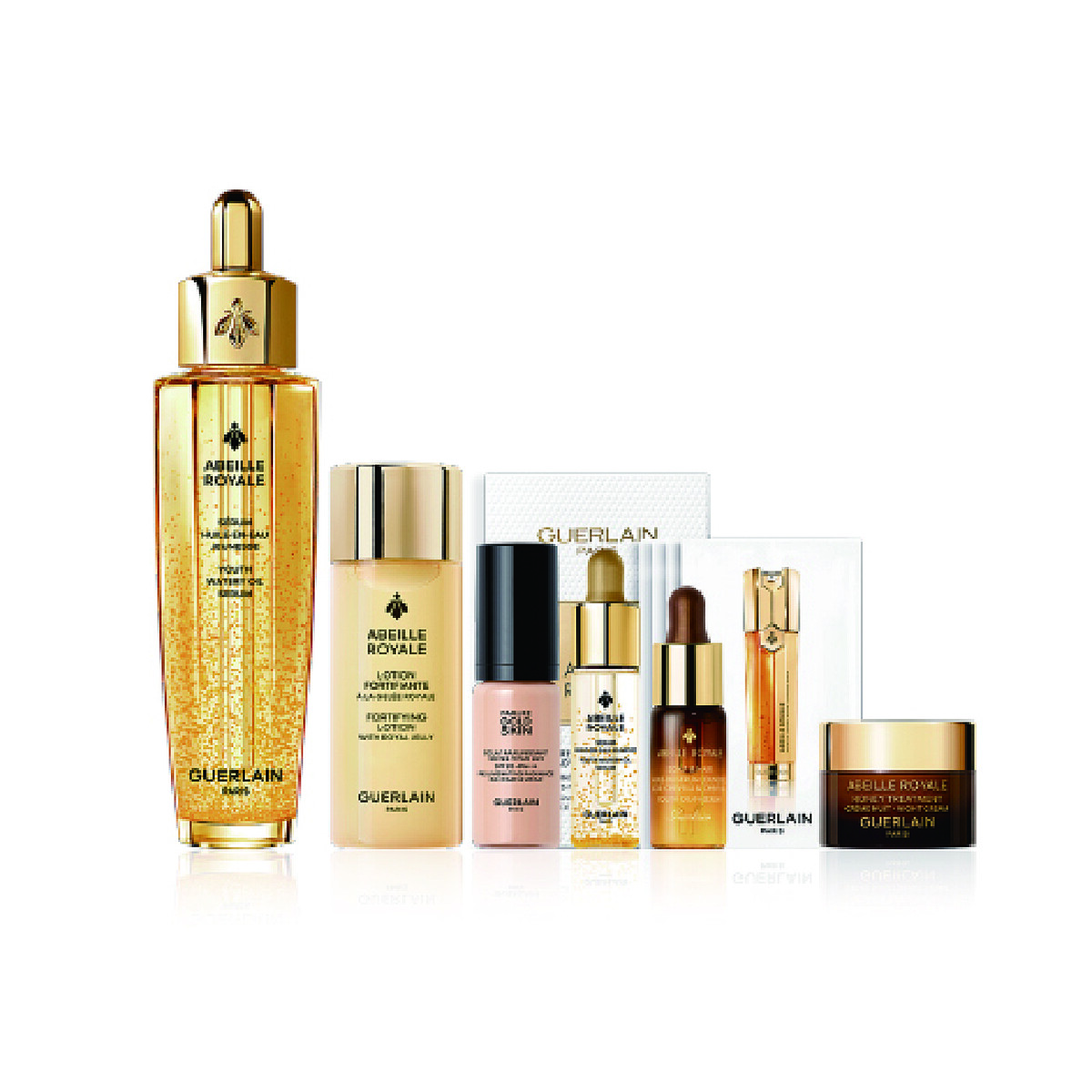 遠百嘉義嬌蘭GUERLAIN皇家蜂王乳平衡油精華大容量組，內含皇家蜂王乳平衡油精華50ml+5ml、蜜露40ml、雙導精華體驗禮輕巧盒装版、蜂蜜修護黑霜7ml、頭皮修護精5ml、24K純金光粉底5ml價值9,598元、推薦價5,590元。