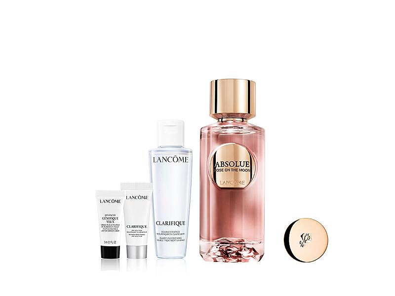 遠百花蓮Lanc&ocirc;me蘭蔻絕對完美玫瑰組，內含絕對完美玫瑰臻萃淡香精月影玫瑰100ml、超極光活粹晶露50ml、超極光淨亮淡斑激萃5ml、超極限肌因亮眼精粹霜3ml價值13,471元、特價10,900元。