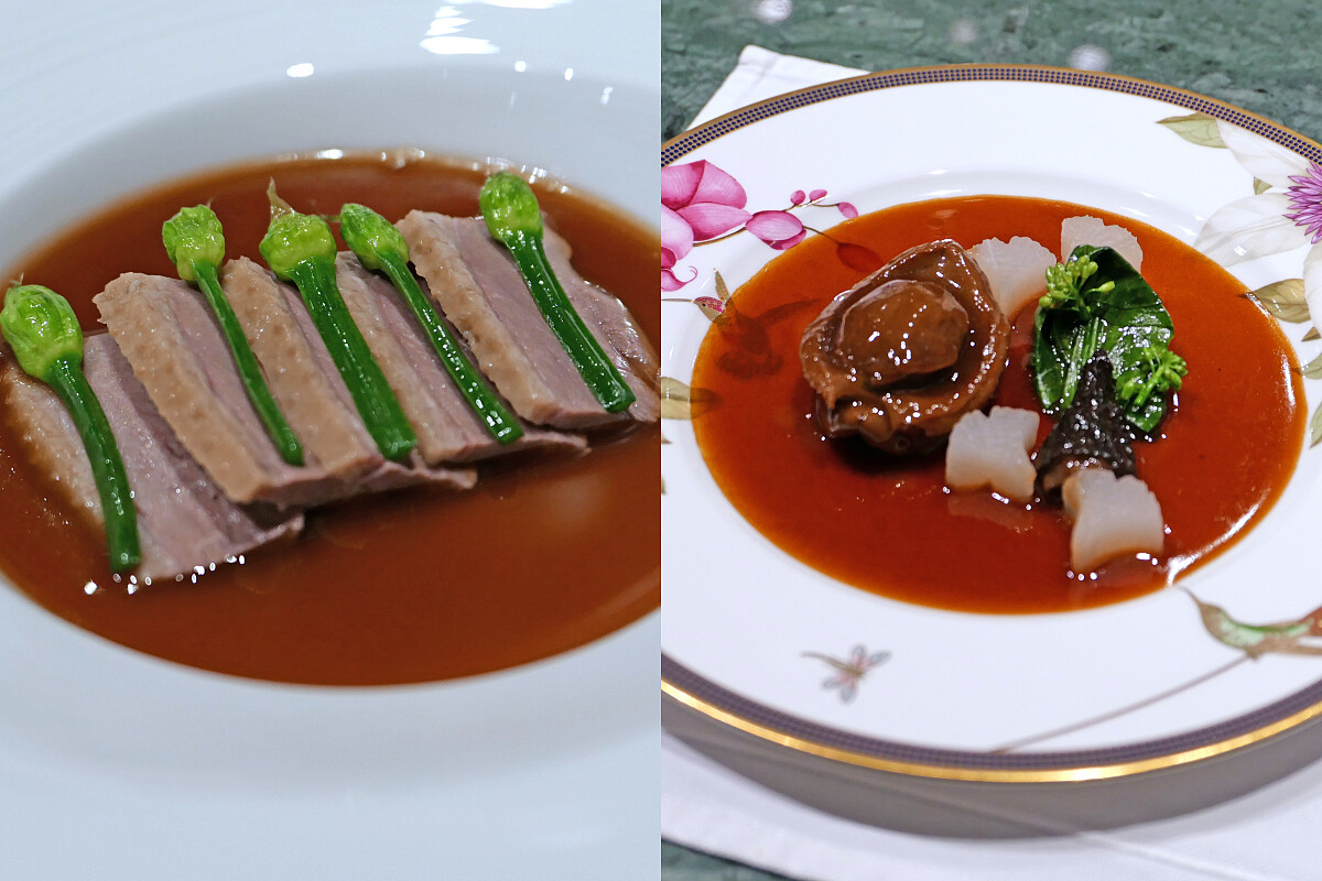 「滷水鵝」，需要36小時的細膩浸泡；主菜「乾鮑」更是耗時15-18天精心製作。