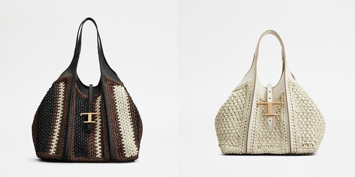 T TIMELESS拼色中型拉菲草托特包，NT125,000、白色拉菲草托特包，NT100,500。