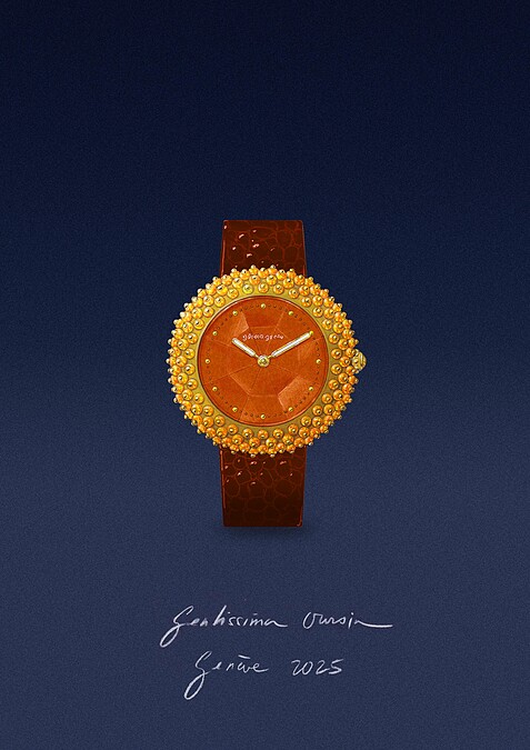 G&eacute;rald Genta年度新品Gentissima Oursin Fire Opal，是G&eacute;rald Genta較顯為人知的Oursin（指稱海膽）系列。該系列源於1994年Genta一家正在科西嘉島度假，觀察海邊生物所獲得的靈感。海膽帶刺外觀轉化為圓珠裝飾錶殼。新品錶殼為3N黃金裝飾137顆火蛋白石，橘色紅玉髓錶盤。搭載Cal. GG-005，為同集團Zenith Elite機芯改制。