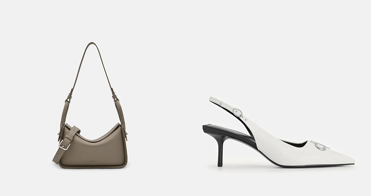 Demi皮革肩背包(灰褐色)，NT$ 3,990、PEDRO ICON牛皮尖頭高跟鞋，NT$ 3,290。