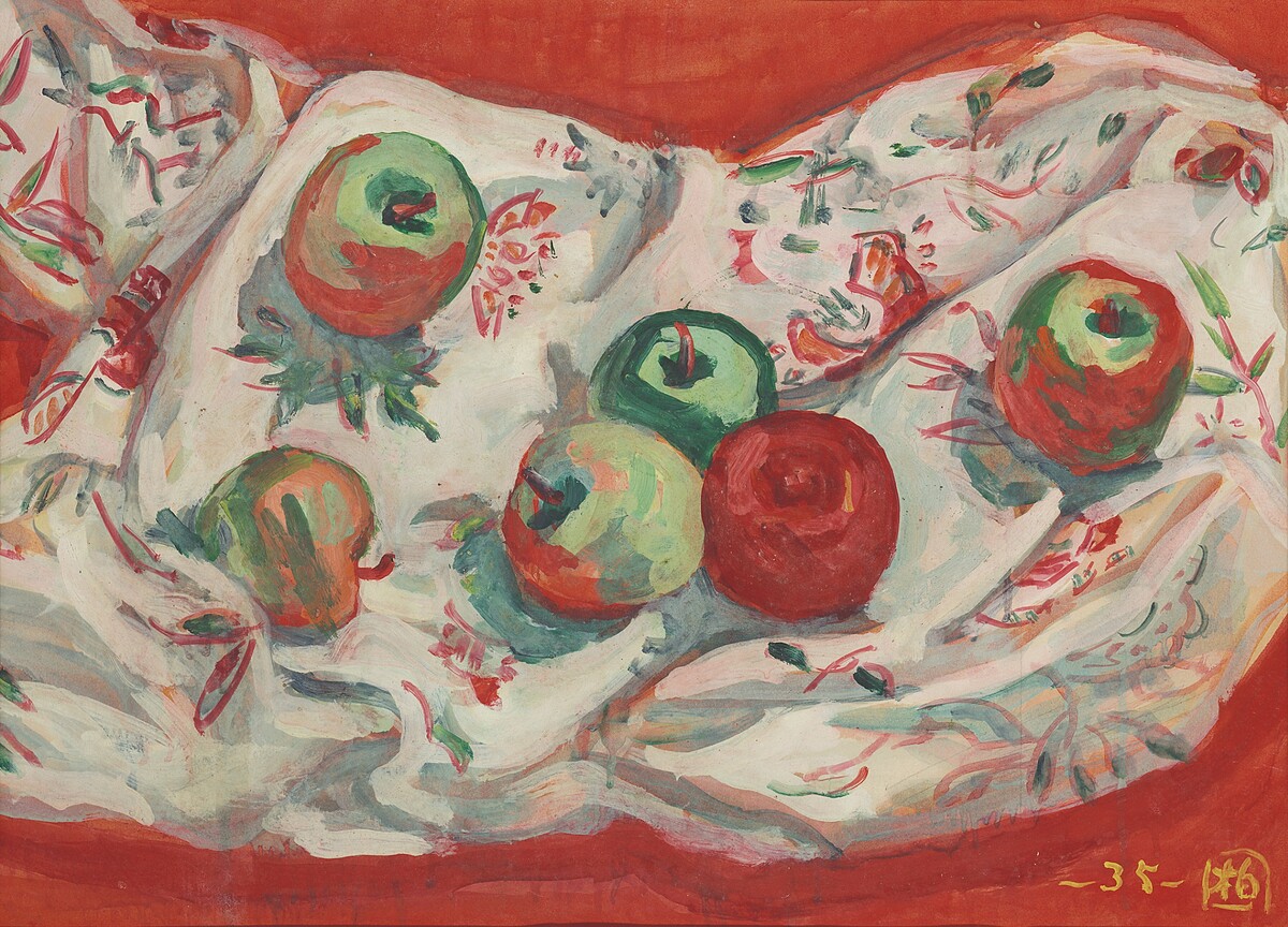 郭柏川《蘋果與花布》,1946,油 彩、宣紙,37 x 50公分。臺北市立美術館典藏。
