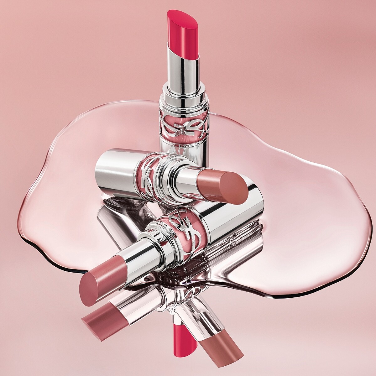 YSL情挑誘光水唇膏(左起)#214告白裸粉、#213粉紅泡泡、#163莓果心動，各NT1,650