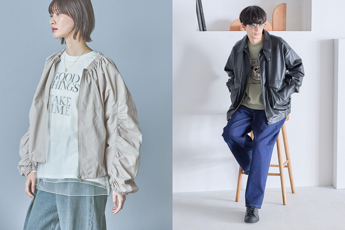 （左）縮皺袖設計尼龍夾克NT1,990元，（右）外套NT3,990元 上衣/褲子 皆NT1,690 元。