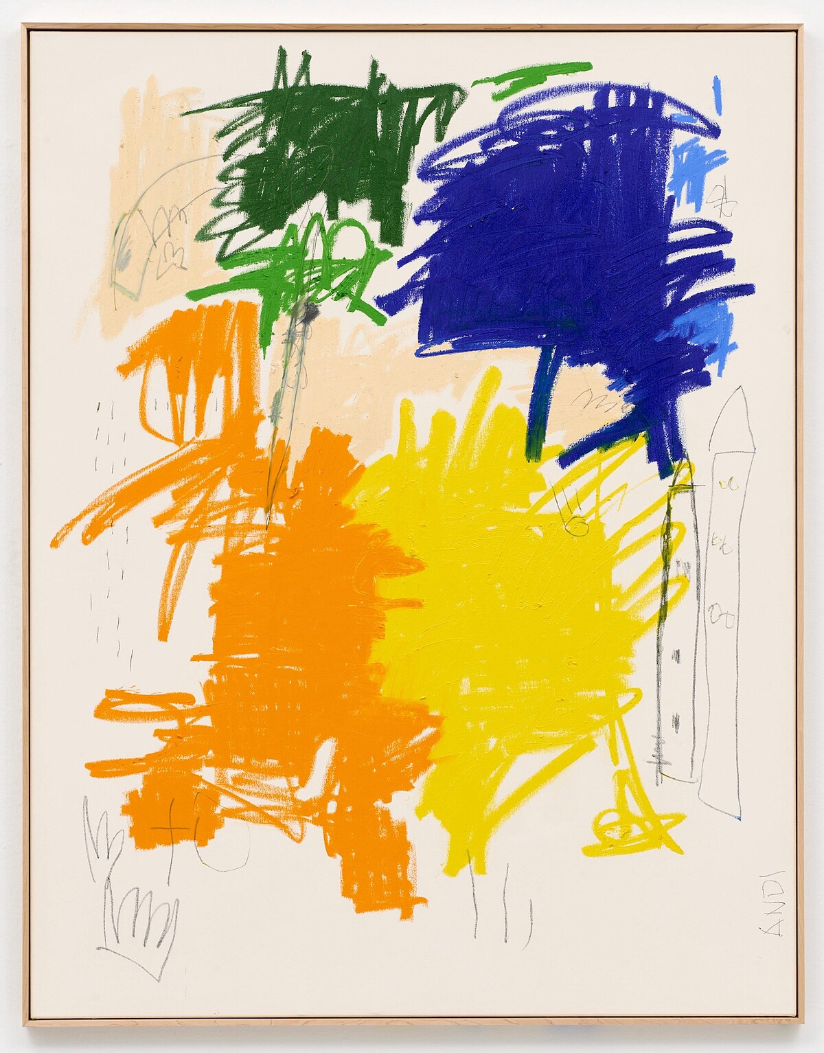 Sies + H&ouml;ke Andi Fischer, &ldquo;LANDSCHAFTLICH STARK AUCH HIMMEL&rdquo;, 2024, Oil stick and pencil on canvas, artist&rsquo;s frame 180 x 140 cm, 183 x 143 cm (framed). Photo: Tino Kukulies. Image courtesy of Andi Fischer and Sies + Höke, Düsseldorf.