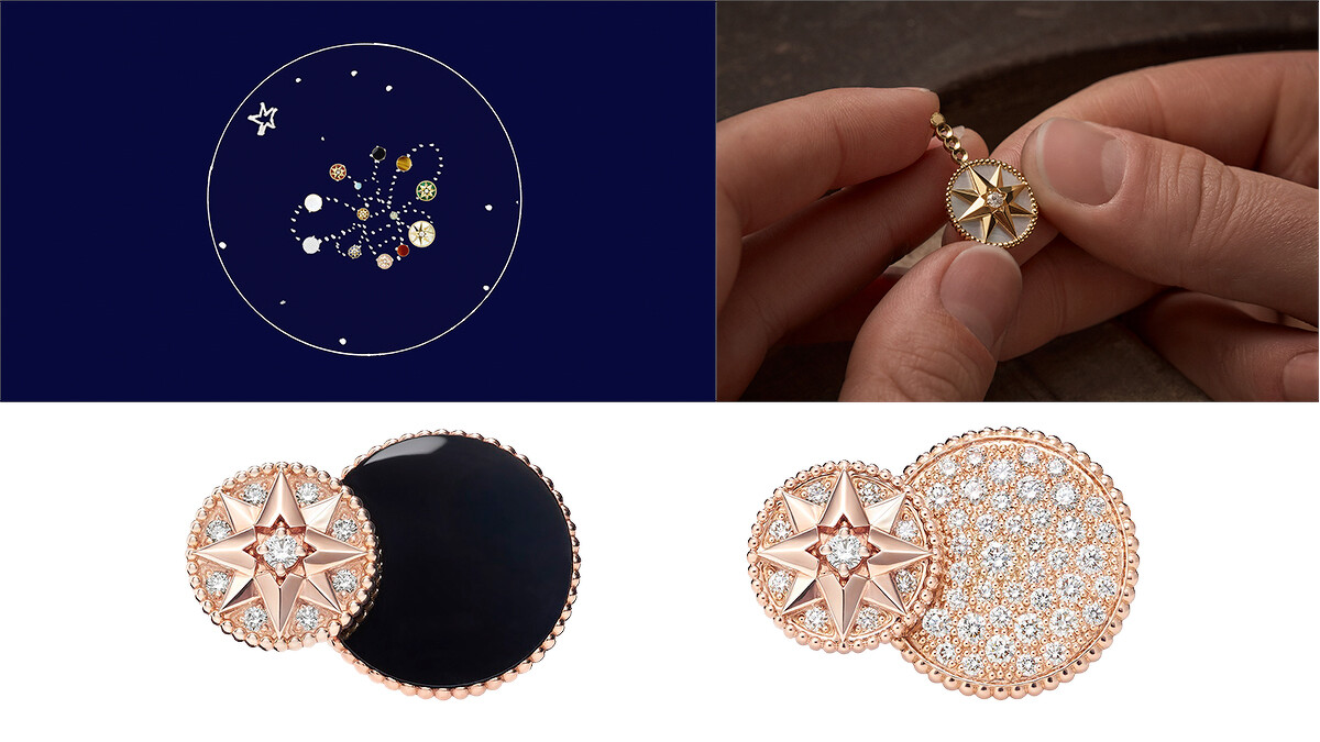 左: Dior Rose des Vents 玫瑰金縞瑪瑙鑲鑽戒指。右:Dior Rose des Vents玫瑰金鑲鑽戒指